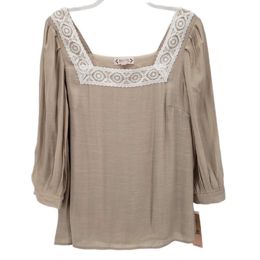 NANETTE LEPORE nwt Square Neck Crocheted Lace Top M Tan Light Stone Neutral Tone - Picture 1 of 10